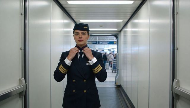 Female airline captain adjusting scarf in jet bridge corridor, professional crew uniform