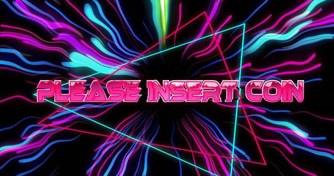 Please insert coin neon retro arcade typography with synthwave triangles and neon ribbons