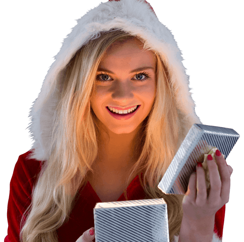Smiling Woman in Santa Hat Holding Christmas Gifts Transparent Image