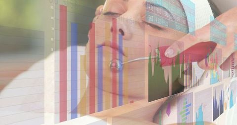Receiving facial treatment with data visualization overlay, wellness analytics spa concept