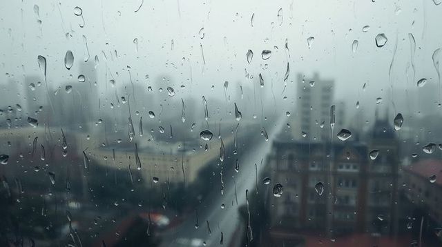 Rain-soaked Window Overlooking Hazy Urban Street with Dripping Raindrops and Reflections