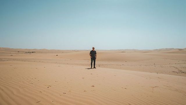 Man standing in desert wearing sunglasses and dark outfit, rippled sand with footprints