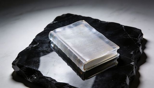 Translucent frosted book resting on polished black marble slab with sculptural reflection