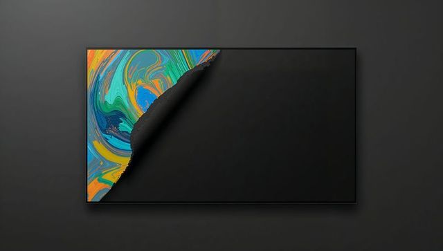 Torn black panel revealing vibrant marble swirl art on charcoal wall with curled corner