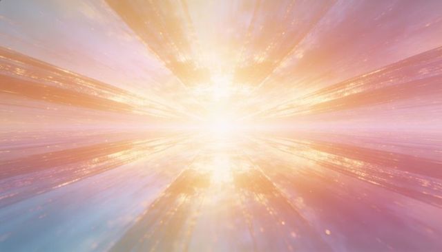 Radiant light burst on reflective pastel plane with sparkling particles and soft flare