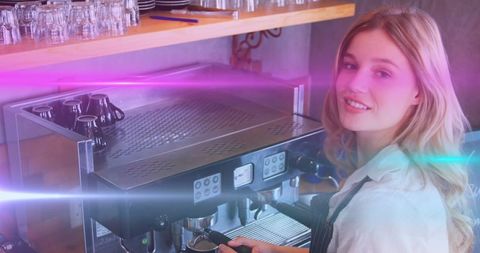 Barista making coffee with modern technology effects