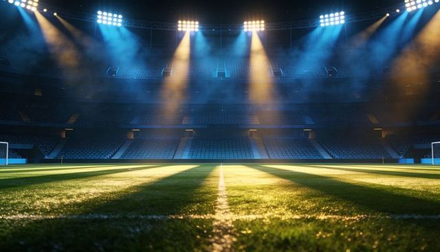 Floodlit soccer midfield casting golden light beams across striped pitch at night