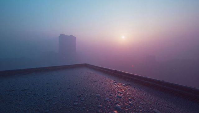 Tranquil dawn with shimmering rooftop and hazy skyline