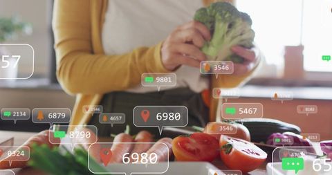 Prepping Fresh Vegetables with Augmented Reality Overlays in Sunlit Kitchen