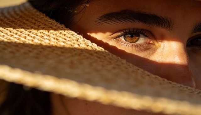 Peering through straw hat brim revealing hazel eye in warm sunlit close-up