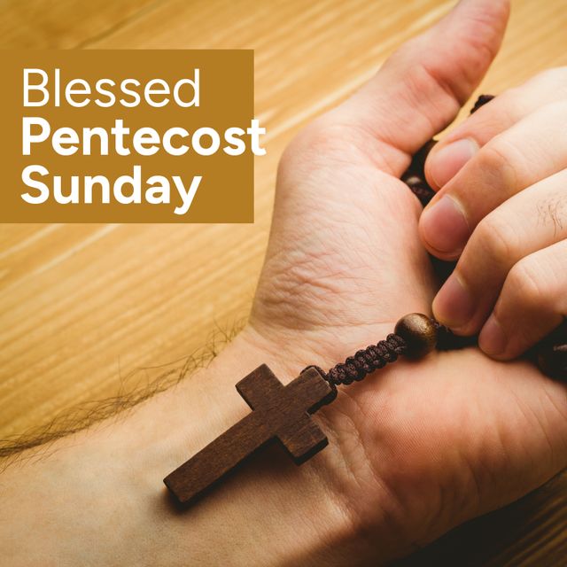 Caucasian Hand Holding Rosary with Blessed Pentecost Sunday Text - Download Free Stock Templates Pikwizard.com