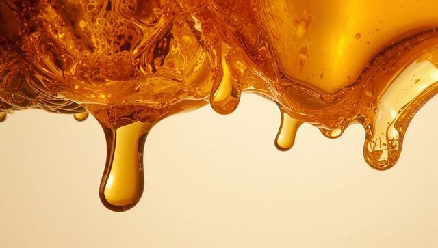 Dripping amber syrup forming glossy golden droplets macro close-up with translucent swirls