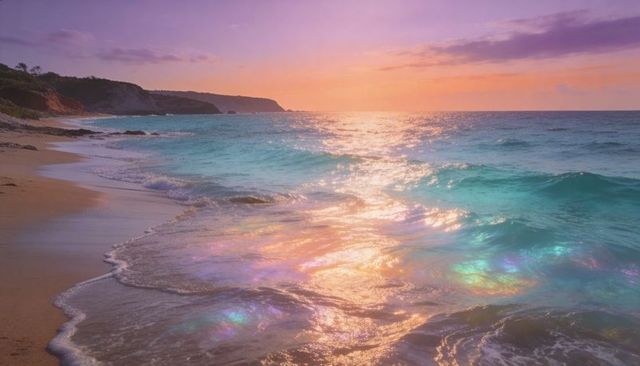 Turquoise sunset beach with iridescent wet sand and gentle waves glowing at dusk