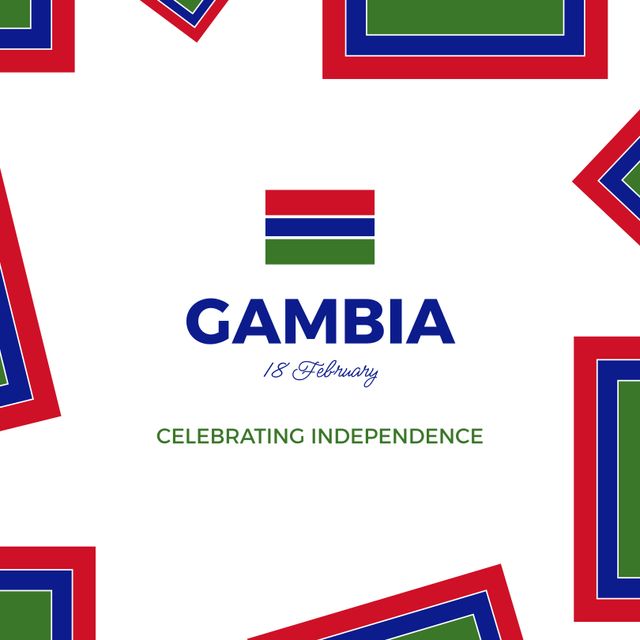 Poster featuring Gambia's Independence Day celebration. Includes the national flag and vibrant borders highlighting the central message of celebrating independence. Ideal for use in social media posts, advertisements, educational materials, and public announcements related to Gambia's national holiday on 18 February.