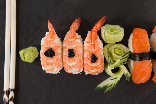 This image showcases a close-up view of beautifully arranged nigiri sushi, featuring shrimp and garnished with black caviar, accompanied by wasabi and sushi rolls. The chopsticks and black slate background add a touch of elegance. Ideal for use in culinary blogs, Japanese restaurant menus, food magazines, and gourmet cooking websites.