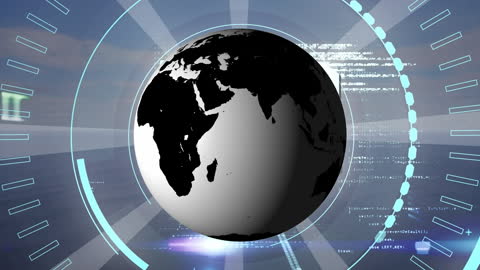 Rotating Black and White Globe with Digital Code Background