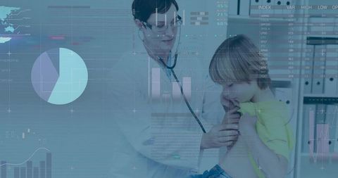 Doctor conducting pediatric examination with digital data integration