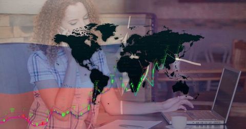 Businesswoman collaborating remotely in modern café workspace