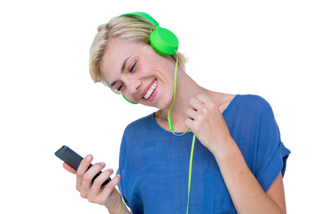 Transparent-Happy Woman Enjoying Music with Smart Phone and Green Headphones - Download Free Stock Videos Pikwizard.com