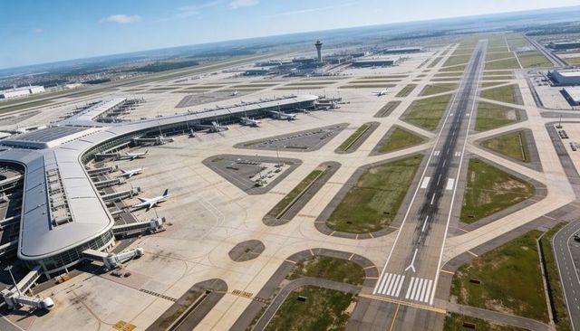 Displaying expansive airport runway and terminal complex with control tower and taxiways