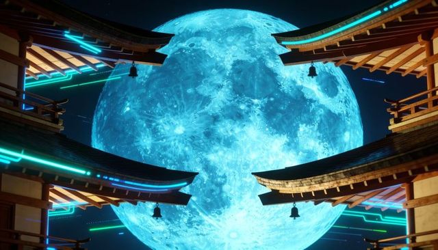 Glowing cyan moon filling night sky above japanese temple roofs with neon accents and bells