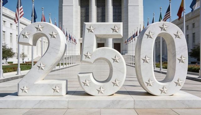 Celebrating 250 anniversary with marble numerals and stars in flag-lined neoclassical plaza