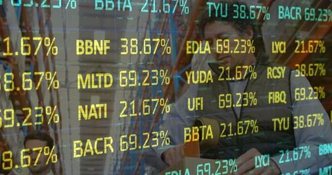 Stock market data overlay warehouse scene, logistics analysis concept
