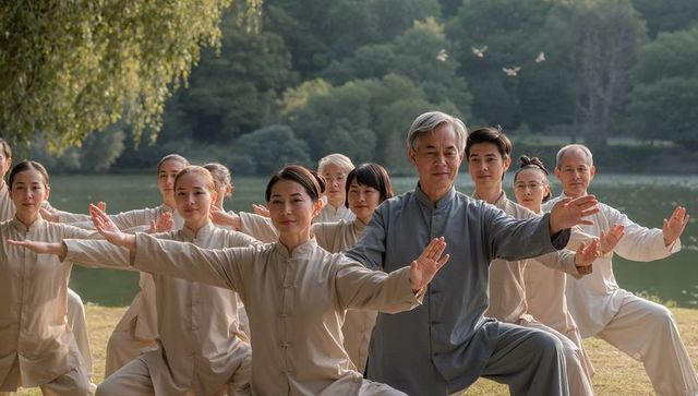 Group practicing tai chi by tranquil lakeside following senior instructor in gray and beige suits