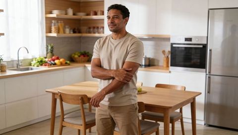Thoughtful man standing in bright modern kitchen holding elbow with fresh fruit display