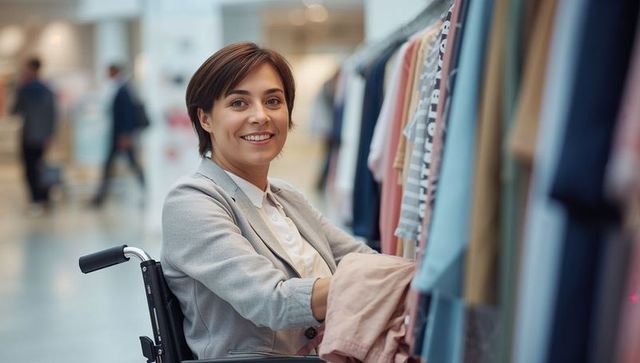 Confident Woman in Wheelchair Exploring Fashion Store Aisles