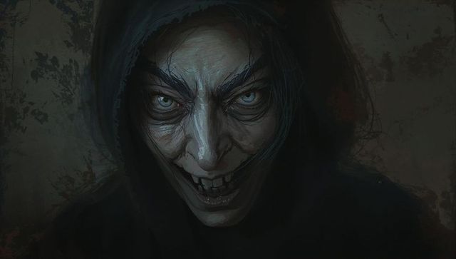 Hooded nightmare grinning with jagged teeth and pale eyes in decayed dimly lit room