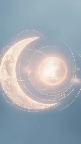 Vertical video glowing crescent moon with pulsing sunlike orb and orbiting light rings