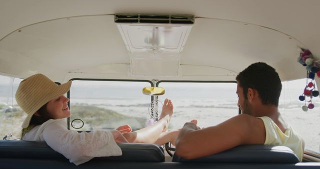 Couple Enjoying Road Trip Relaxing in Van with Scenic Beach View - Download Free Stock Images Pikwizard.com