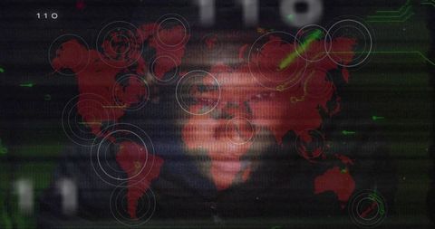 Futuristic Cybersecurity Interface with Red World Map Overlay