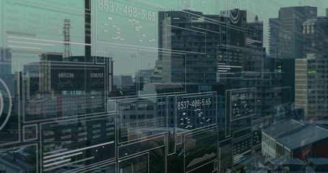 Digital Financial Data Hologram Overlapping Urban Cityscape