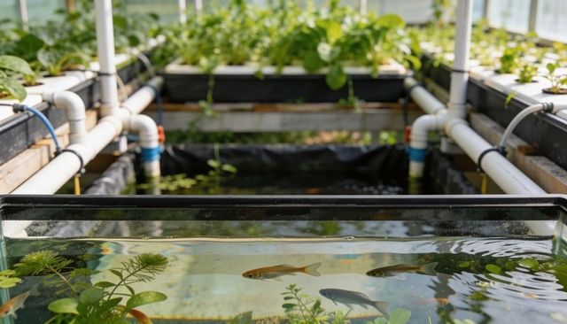 Aquaponics tank showing fish, hydroponic grow beds and pvc plumbing in greenhouse