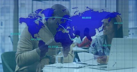Business team collaborating on global data visualization with map overlay and analytics