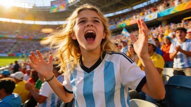Sunlit young fan cheering in argentina jersey at packed soccer stadium, vibrant crowd energy