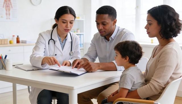 Doctor explaining pediatric treatment plan to family during clinic consultation