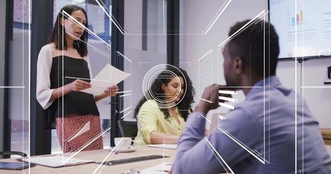 Woman Leading Corporate Meeting with High Tech Overlay