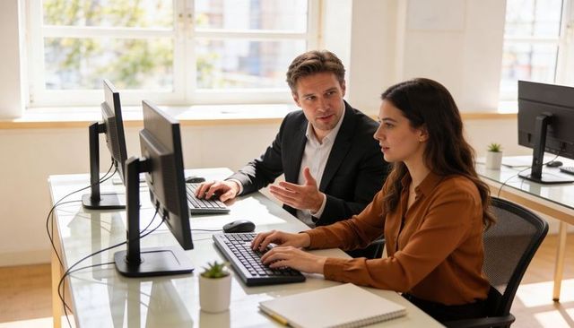 Mentoring and collaborating in modern open-plan office with desktop monitors