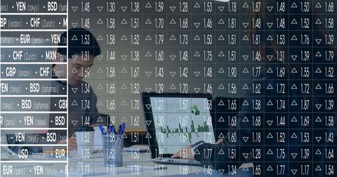 Business casual trader analyzing forex data on laptop screen