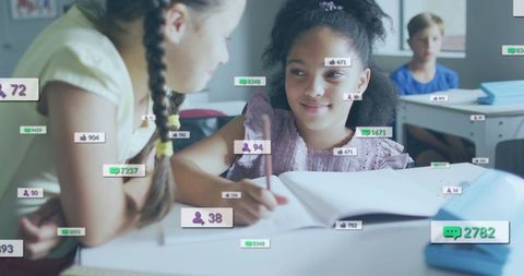 Smiling student writing in notebook with social media engagement overlays for edtech