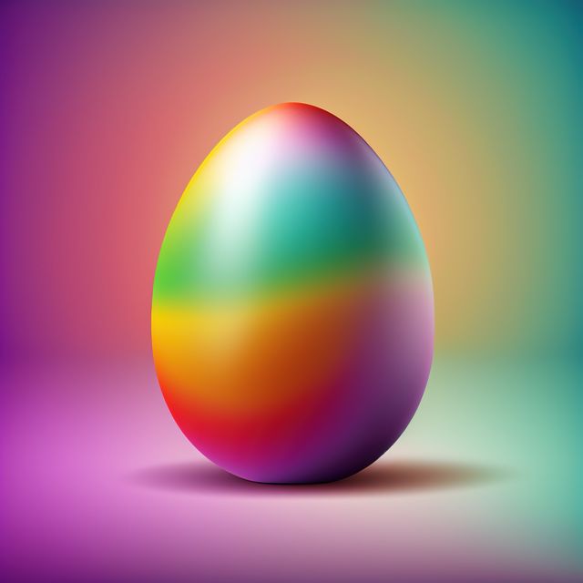 This image depicts a brightly painted Easter egg with a gradient rainbow pattern against a colorful gradient background. Ideal for use in holiday greeting cards, festive advertisements, or as a decorative graphic for Easter-themed projects and celebrations.