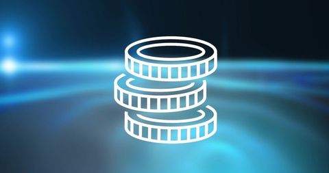Rotating stacked coin icon on glossy blue gradient for fintech digital finance modern minimal