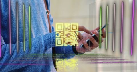 Woman Using Smartphone Amidst Digital Data Connections