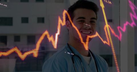 Smiling Doctor with Neon Analytics Overlay Symbolizing Innovation