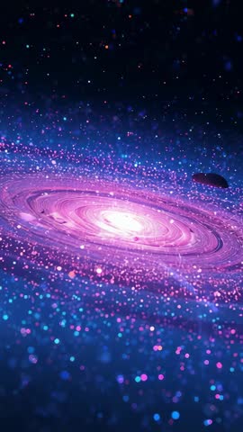 Vertical rotating neon galaxy spiral pulsing with glowing core and drifting cosmic dust