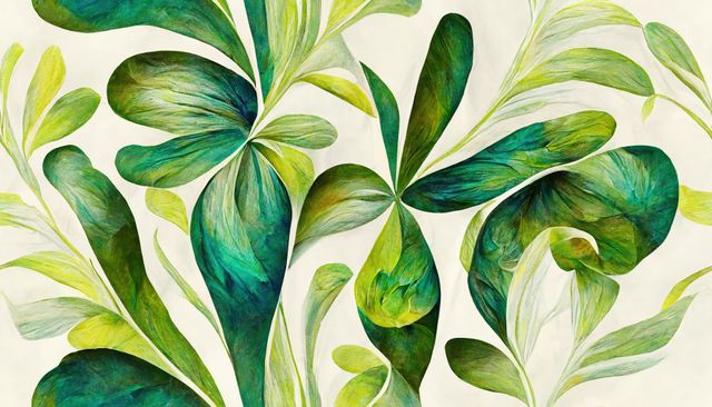 Ideal for contemporary home decor, wall art in living rooms or bedrooms, backgrounds for digital design projects, or print media. This digital painting showcases vibrant green leaves in an abstract form, adding a fresh and modern touch to any space.