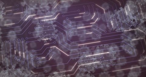Purple virus-like particles merging with glowing circuit traces for biotech digital concept